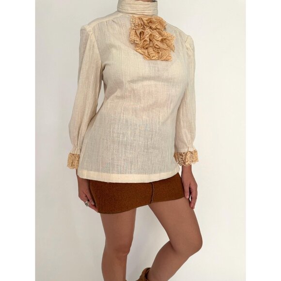 60s vintage beige boho ruffled lace jabot collar peasant sleeves linen blouse - Picture 6 of 9